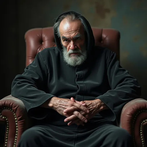 Prompt: photorealistic, (film noir style), grumpy old black magician, dark color scheme, worn armchair, aged black robe, cantankerous expression, moody lighting, dramatic shadows, tense atmosphere, vintage aesthetic, fine details in robe texture and facial features, slightly worn environment, ultra-detailed, evocative depth, cinematic quality.