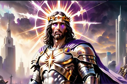 Prompt: Jesus Christ, at the end of the world, stands in a desolate post-apocalyptic city. His expression is stern and cold. He wears platinum armor and carries a large, ornate sword. Jesus is radiating  a powerful aura of gold-purple divine light. His head is wreathed in a halo of subtle ethereal fire. His head is fitted with a majestic crown.