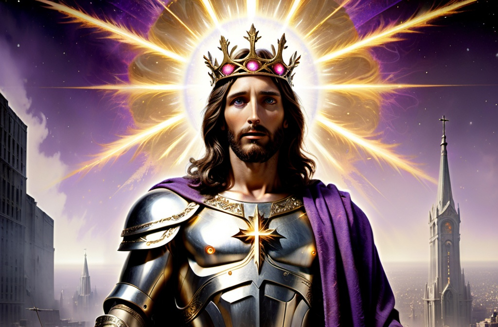 Prompt: Jesus Christ, at the end of the world, stands in a desolate post-apocalyptic city. His expression is stern and cold. He wears platinum armor and carries a large, ornate sword. Jesus is radiating  a powerful aura of gold-purple divine light. His head is wreathed in a halo of subtle ethereal fire. His head is fitted with a majestic crown. 
In the background, the angelic army of heaven awaits Christ's orders. The angel's wings are spread wide, and they are ready for battle.  The scene is dystopian, dark, ominous, surreal, and highly detailed.