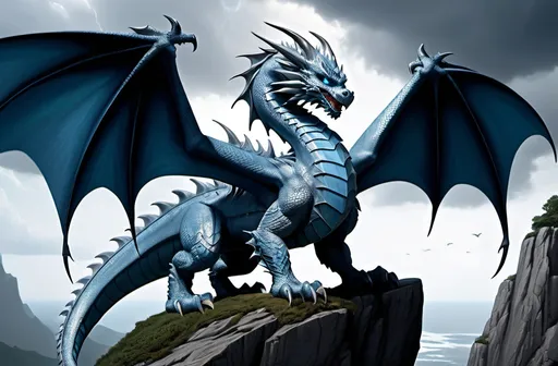 Prompt: A mighty, regal dragon with stormy-gray scales that shimmer like thunderclouds. His piercing icy-blue eyes exude wisdom and authority. His large, powerful wings stretch wide, commanding respect. He stands atop a high cliff, overseeing Family Dragon Island with a stern yet protective gaze. The sky behind him crackles faintly with lightning, symbolizing his strength and discipline