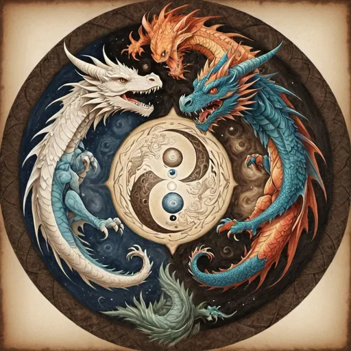 Prompt: yin and yang elemental dragon behind the earth elemental mandala 