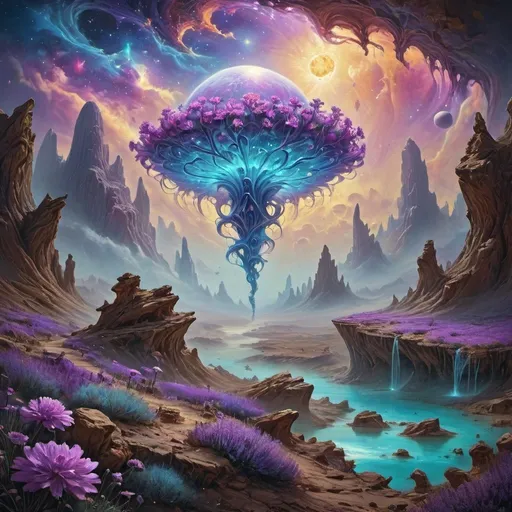 Prompt: Imagine a different planet where the living objects are glowing, colored by clouds, and one of them is my friend, and there are birds and flowers, all of them are enjoying
