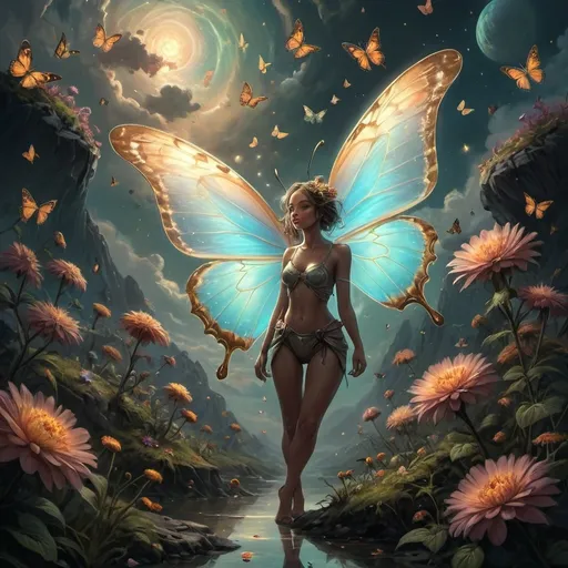 Prompt: Imagine a different planet where the living objects are light, glowing, colored clouds, and one of them is my friend, and there are butterflies and flowers, all of them are enjoying 