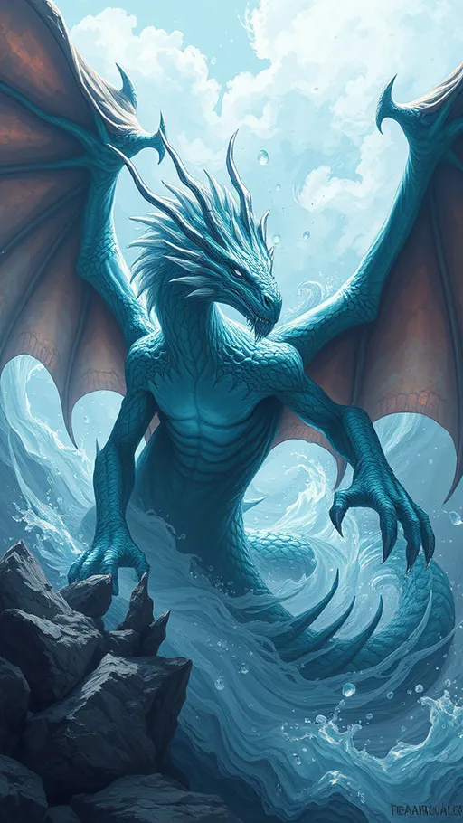 Prompt: muscular and dragons fantasy art water elemental dragon king