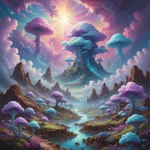 Prompt: Imagine a different planet where the living objects are glowing, colored by clouds, and one of them is my friend, and there are birds and boys, all of them are enjoying
