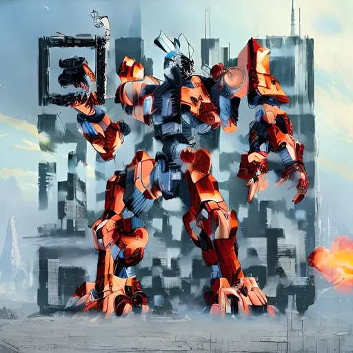 Prompt: masterpiece, best quality, mecha, no humans, black armor, blue eyes, science fiction, fire, laser canon beam, war, conflict, destroyed city background