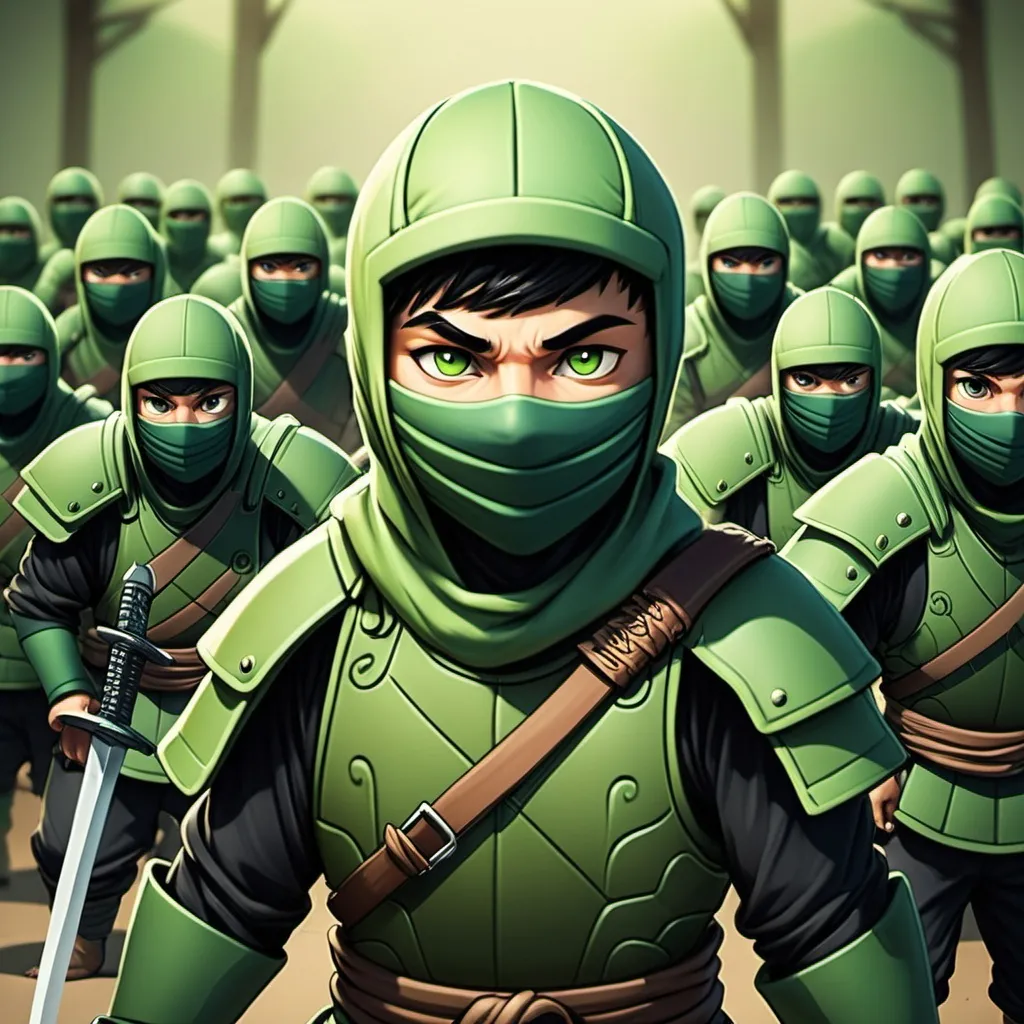 Prompt: there is an army of ninjas.  jonah is one of the guys in the ninja army, he stands in front of the army and has a sword and a gun. he’s wearing light green ninja armor. he is the best fighter in the army.