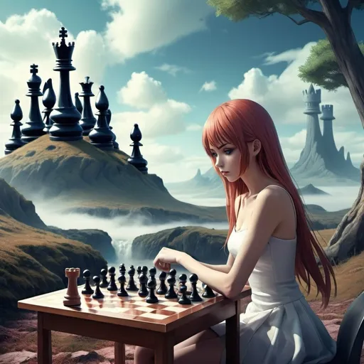 Prompt: A beautiful anime woman playing chess in a surreal landscape setting