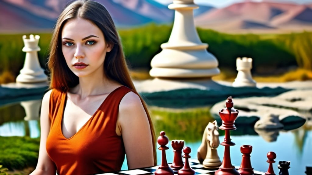 Prompt: A beautiful woman playing chess in a surreal landscape setting