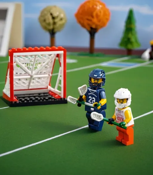 Prompt: Lacrosse LEGO set, detailed field and goals, vibrant colors, high-quality, realistic, LEGO style, sunny outdoor lighting, intricate design, fun and dynamic, lego brick texture, field perspective, miniature scale, action-packed, vibrant colors, professional players with helmets and sticks