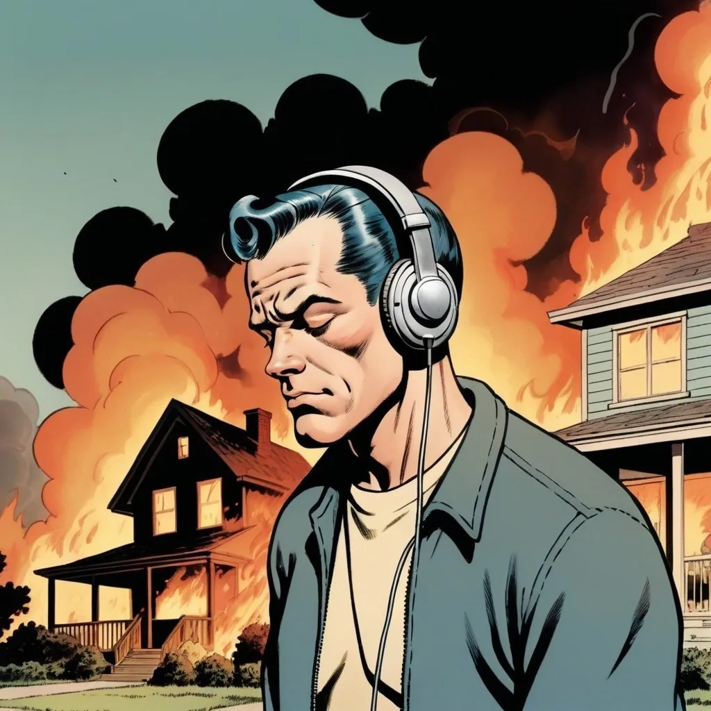 Prompt:  in the style of Jack Kirby and Wally Wood, 1940s vintage comic, faded colors the guy is wearing headphones, his eyes are closed.His house is burning in the background. Drama, depression, sadness