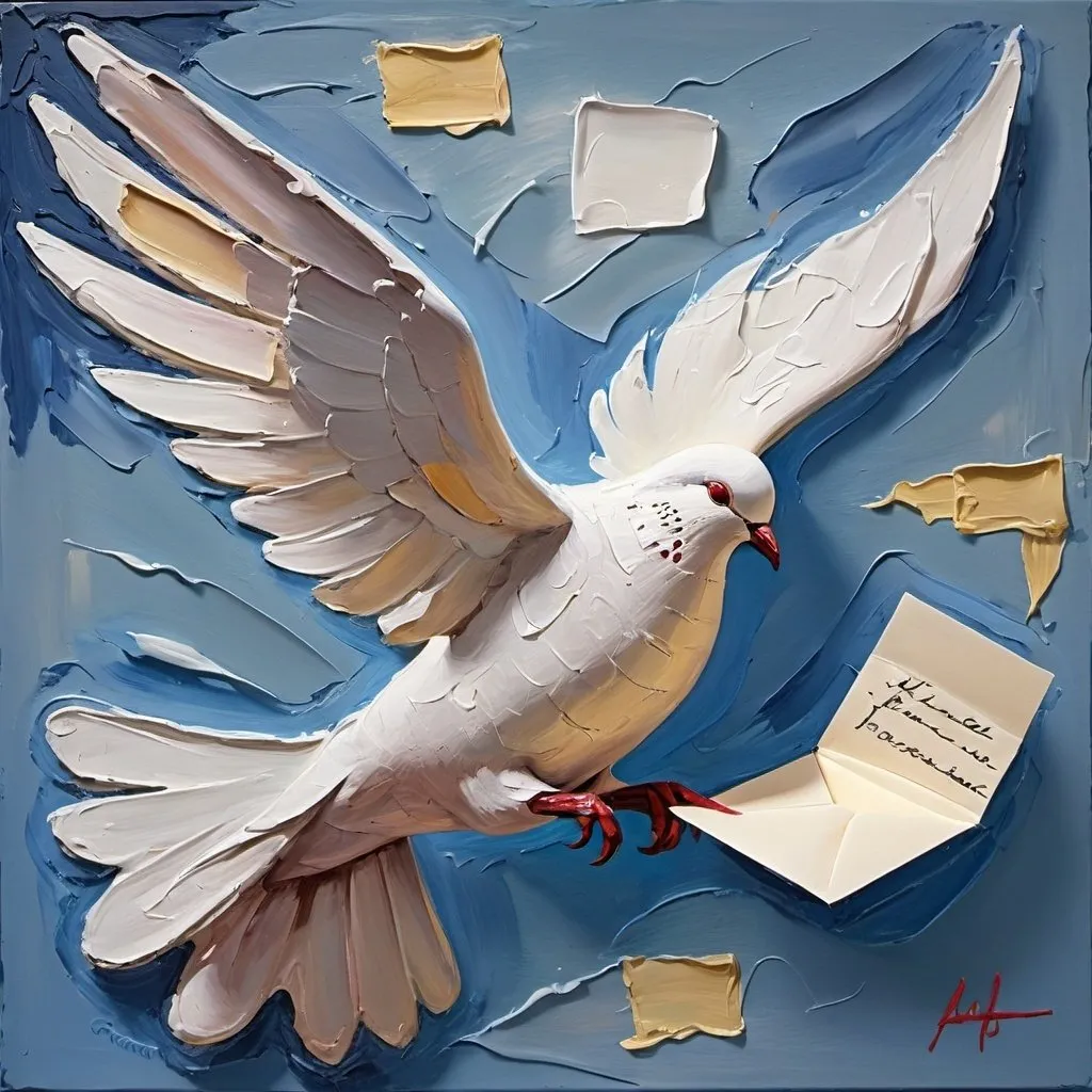 Prompt: thick impasto oil painting , thick bumpy paint strokes the wounded dove flies and holds the letter tightly. drama