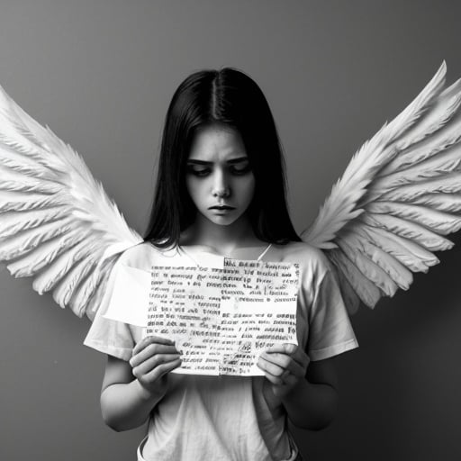 Prompt: sad girl with white wings. holding a letter in his hands. dramatic black  white