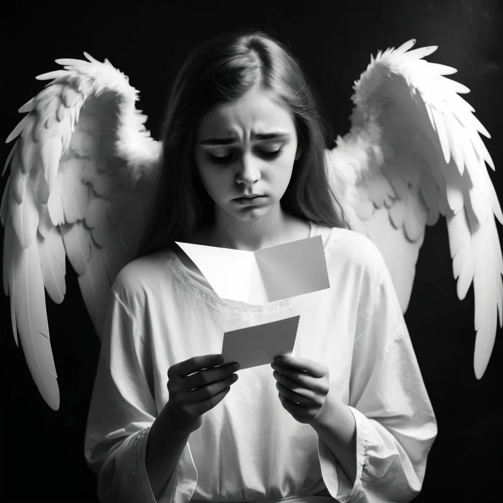 Prompt: sad girl with white wings. holding a letter in his hands. dramatic black  white