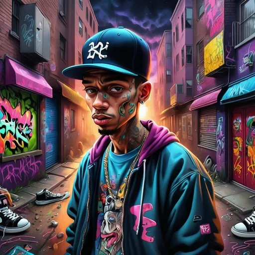 Prompt: dark street rapper  rap cartoon hyperdetailed  photorealism psychedelic art graffiti