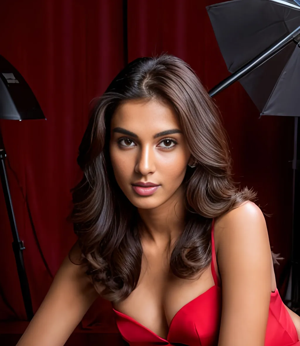Pale Indian brunette model in studio, detailed facia