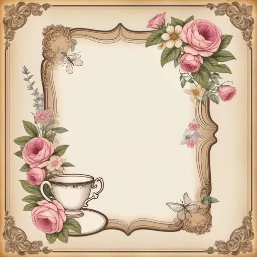 Prompt: Create a blank sign with a border that is tea party themed. Include some flowers. Regency era themed