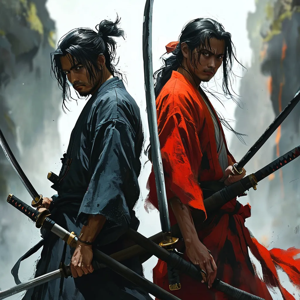 Prompt: 2 samurai with dark aura katana