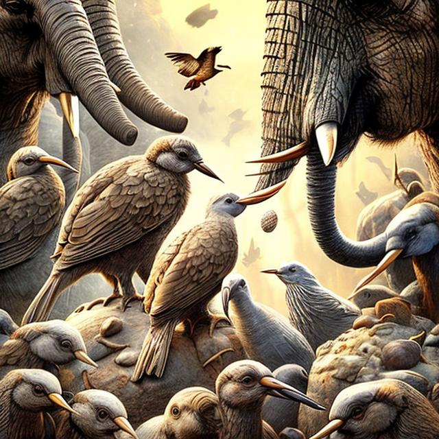 Prompt: Lots of small birds with stones in beaks thronging on elephants, detailed feathers, lively scene, high quality, realistic, naturalistic style, warm earthy tones, soft lighting, detailed feathers, thronging birds, elephants, small stones, lively atmosphere, naturalistic art style, earthy tones, detailed textures, warm lighting