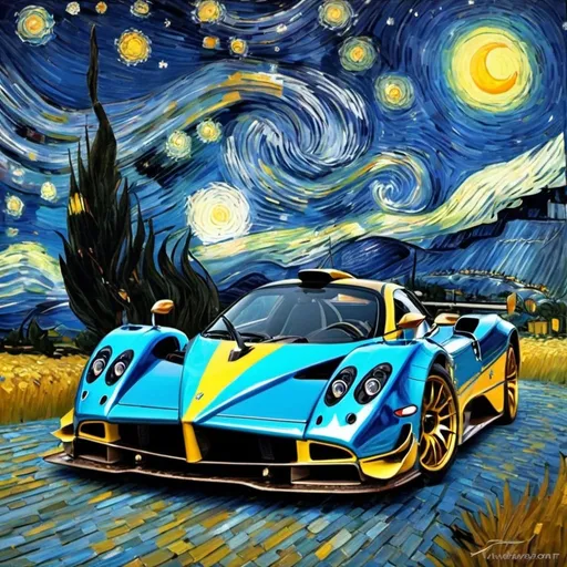 Prompt: Pagani Zonda R car in starry nights painting of vincent van gogh