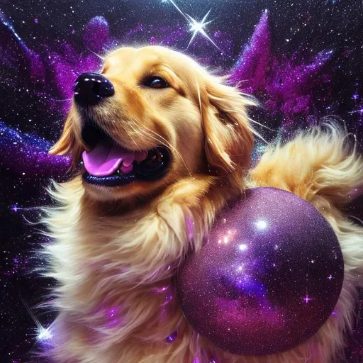 Prompt: Happy golden retriever covered in space dust and purple glitter, interstellar space setting, detailed fur with cosmic reflections, joyful expression, vibrant and surreal artistic style, cool tones, cosmic lighting, highres, ultra-detailed, surrealism, interstellar, detailed fur, joyful expression, cosmic glitter, cosmic reflections, vibrant, surreal, cosmic space setting