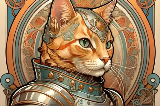 Prompt: Alphonse Mucha Style, art nouveau illustration of a knight armor cat, thick lines, intricate details, beautiful colors