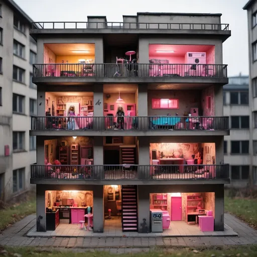 Prompt: realistic photo of a three-story Barbie house that looks like Berghain in the style of tribal, neo, techno, underground. Near the house you can see Barbie dolls, who are dressed in Berlin style, smoking cigarettes.