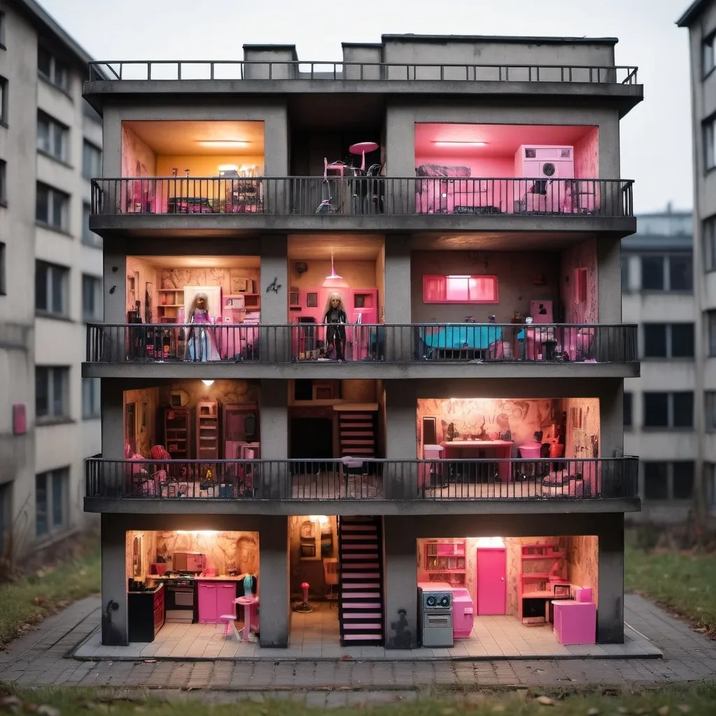 Prompt: realistic photo of a three-story Barbie house that looks like Berghain in the style of tribal, neo, techno, underground. Near the house you can see Barbie dolls, who are dressed in Berlin style, smoking cigarettes.