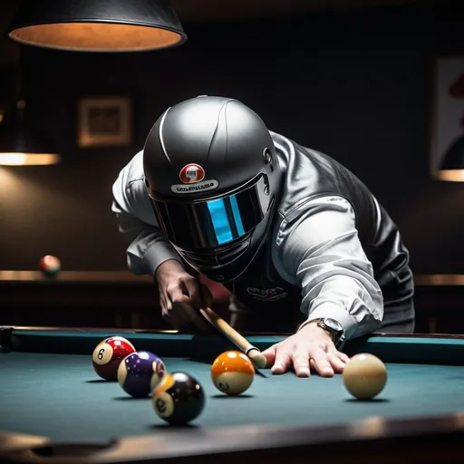 Prompt: Formula one driver playing pool, gloomy and dark vibe, blacked out pool hall background, racer in full gear, detailed helmet, focused pool game, grey pool table felt, high quality, low-key lighting, professional, intense atmosphere, detailed gear, dramatic shadows