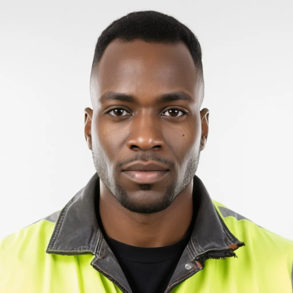 Prompt: ID photo of a nice looking black man dressed in a building site combination with no helmet in front of a white background