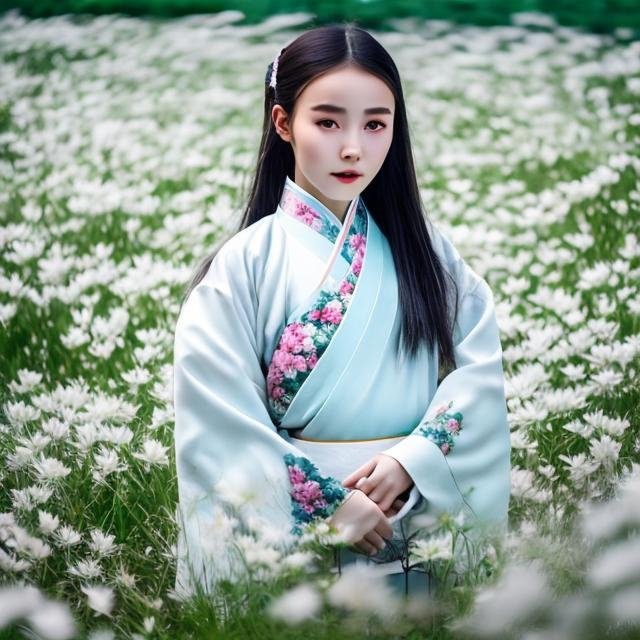 Prompt: Chinese girl wears a green hanfu 
in the middle of a field of white flowers