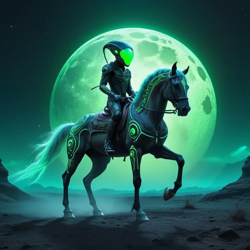 Prompt: An alien riding on a horse