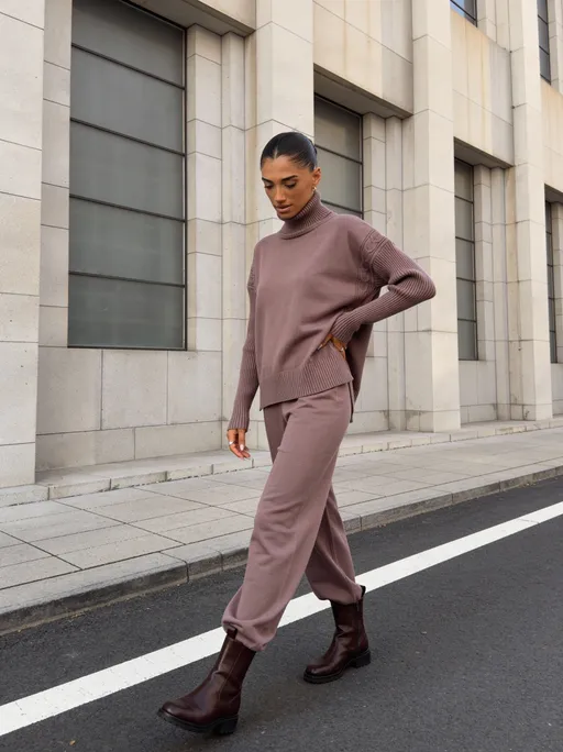 Prompt: Ультрареалистичный street-fashion кадр в стиле premium urban editorial / Parisian street style.

Модель:
Молодая женщина с утончённой, модельной внешностью.
Кожа ровная, с и видимой натуральной текстурой.
Лицо симметричное, мягкие модельные черты.
спокойный уверенный взгляд.
Брови аккуратные, естественной формы.
Нос ровный, изящный.
Макияж clean beauty: ровный тон кожи
Волосы темные, собраны назад 
Рост: 165 см, смотрится гармонично с локацией 

Одежда (НАШ костюм):
Женский вязаный костюм в монохромной коричнево-пудровой / dusty rose / taupe гамме.
Свитер свободного oversize-кроя, длина до линии бёдер, гладкий плотный трикотаж с матовой поверхностью.
Высокий ворот-стойка и длинные рукава выполнены из выраженной вертикальной рибаны, плечо слегка спущено.
Брюки прямого свободного кроя, высокая посадка, удлинённые, мягкий эластичный трикотаж, без карманов, стрелок и декора.
Силуэт вытянутый, чистый, минималистичный.

Стилизация:
Обувь — темно коричневые кожаные ботинки Chelsea, матовая поверхность, лаконичный дизайн без декора.
Аксессуары минимальные, не отвлекают от костюма.
Цветовая гамма спокойная, гармонирующая с костюмом.

Локация:
Наша локация 

Композиция и поза:
Кадр в полный рост.
Модель стоит на проезжей части улицы.
Обе ноги прямые, одна нога слегка выдвинута вперёд.
Корпус прямо
Одна рука свободно опущена, другая рука на талии.
Взгляд направлен вниз. Поза спокойная, уверенная, fashion-street, editorial.

Свет и стиль:
Естественный дневной свет, мягкий, без жёстких теней.
Реалистичная цветокоррекция, тёпло-нейтральные тона.
Высокая детализация кожи, трикотажа и обуви.
Стиль: luxury street fashion, Parisian editorial, clean, ultra-realistic.

Камера на уровне глаз