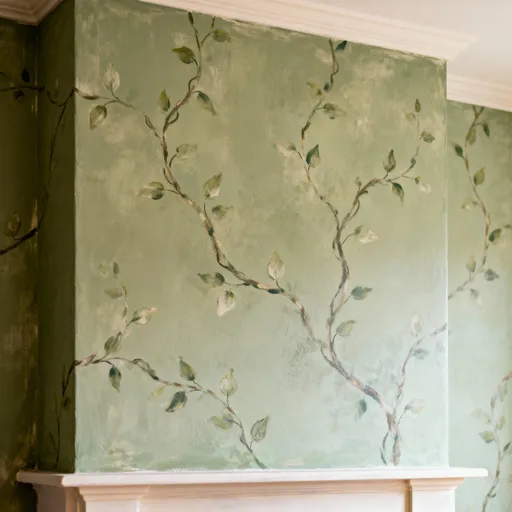 Prompt: A subtle living room wall mural with a subtle pattern and vines on the sage green living room chimney breast wall look lived in and the wall art is hand painted, make the photo look amateur but still good quality, make the wall smoother 
