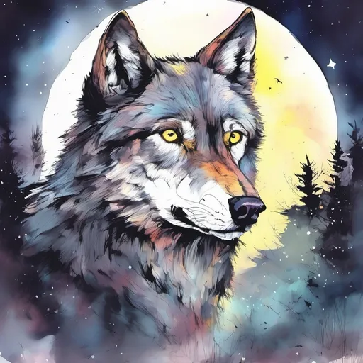 Prompt: Watercolor Illustration of Grey Wolf, Bright Eyes, shining Moonlight. Nightime