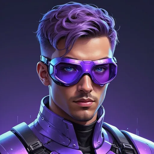 Prompt: Lavender-Purple Dark-Blue illustration, male futuristic cyber-warrior, wearing cyber goggles, fade cut haircut, tan skin, blue eyes. Futuristic Style
