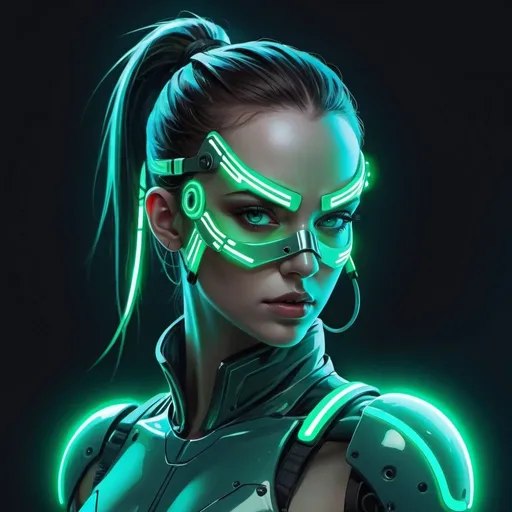 Prompt: Blue Greenish neon illustration, female futuristic cyber-warrior, wearing cyber mask, ponytail hair, pale skin, green eyes. Futuristic Style
