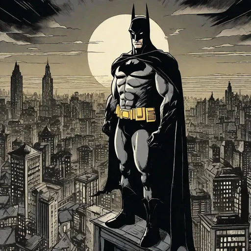 Prompt: Retro-line style illustration of Batman, black cape, brooding on top of a Gotham building, overlooking the city, vintage comic book aesthetic, dark lines and shadows, intense gaze, iconic skyline, city lights casting dramatic shadows, detailed facial features, high quality, retro-line style, brooding, iconic Gotham skyline, intense gaze, vintage comic book aesthetic, dramatic lighting