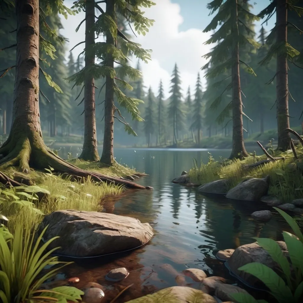 Prompt: a mysterious forest next to a lake, high quality, unreal engine.