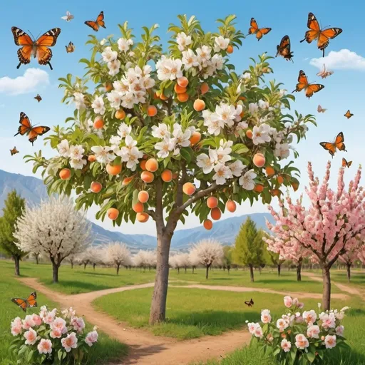 Prompt: Scenery with pear tree, apricot tree, peach tree, butterflies, bees, flowers