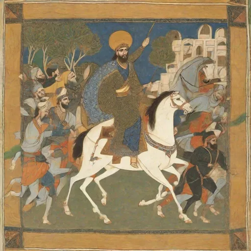 Prompt: Rostam, a brave Iranian hero, riding his faithful horse, Rakhsh.
King Kikavus and his companions in the White Beast Ward.