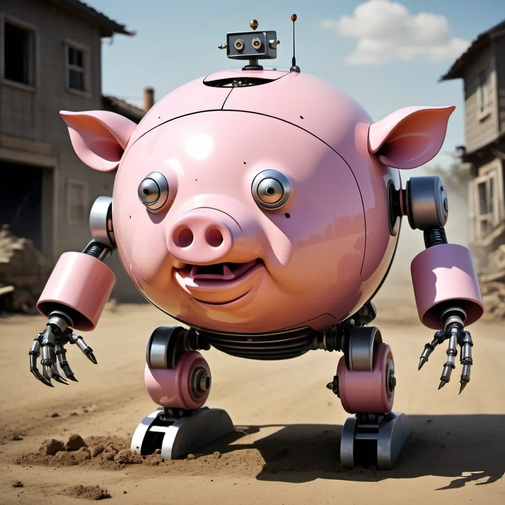 Prompt: robot in pig war fat