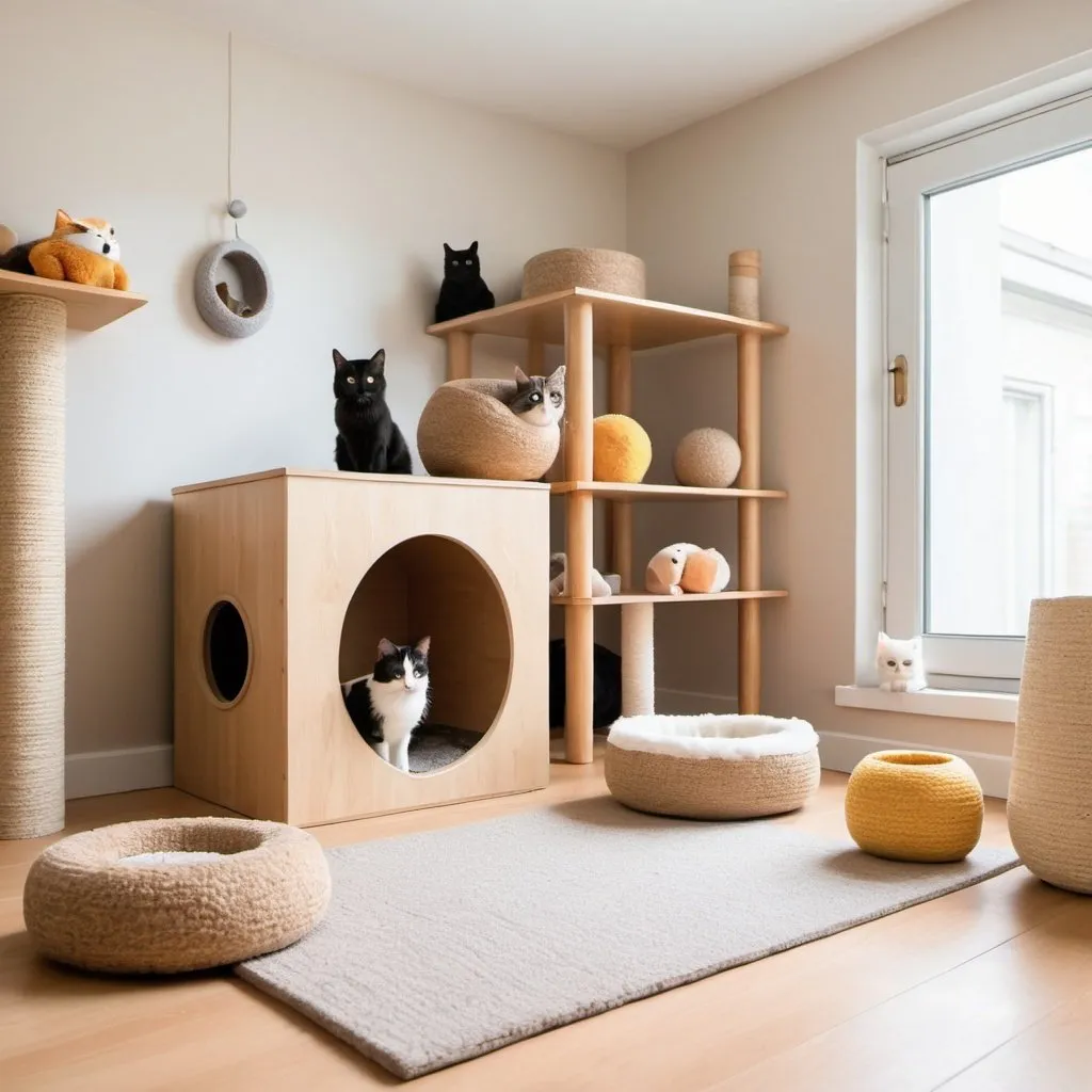 Prompt: a fluffy cat inspired room with scratching posts, litter box and toys