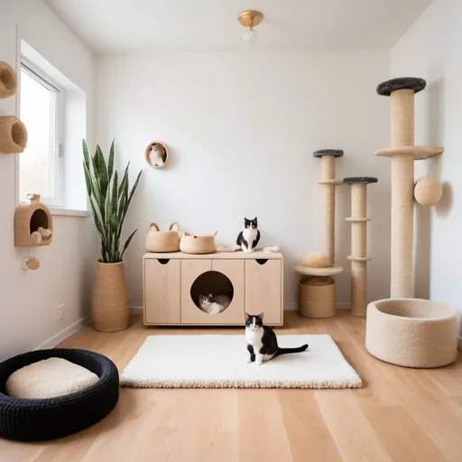 Prompt: a cat inspired room with fluffy walls, scratching posts, litter box and toys