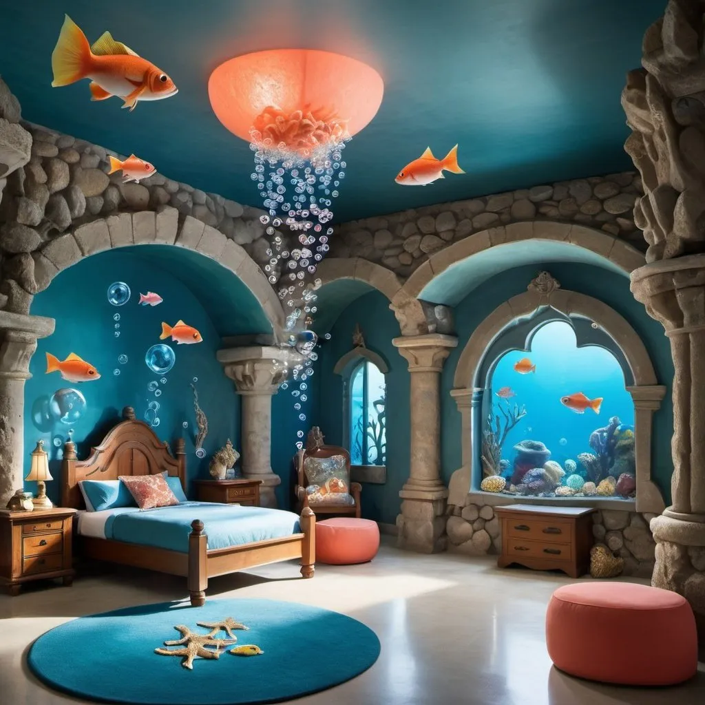 a fish inspired room that has bubbles, coral, castle