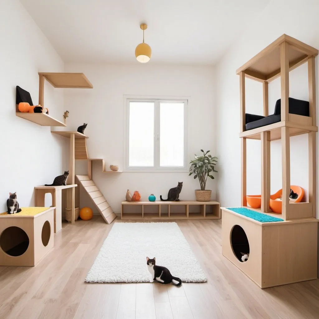 Prompt: a cat inspired room with cat trees, litter box and toys