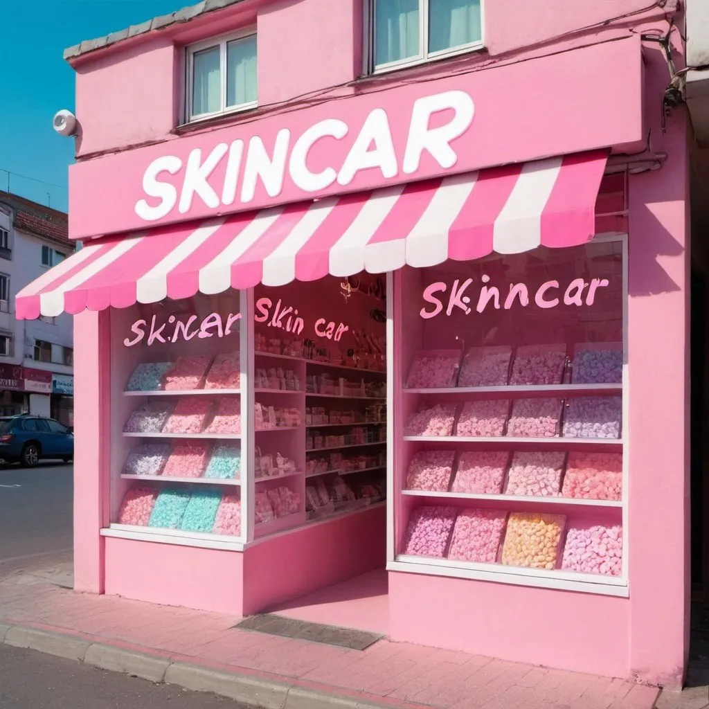 Prompt: a candy colour shop that sells skincar
