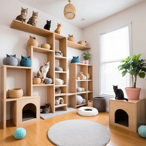 Prompt: a cat inspired room with cat trees, litter box and toys