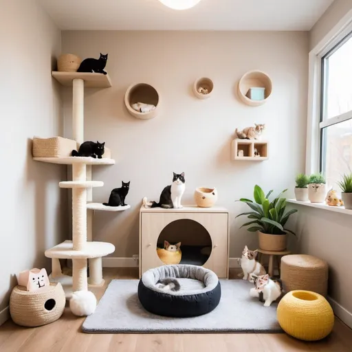 Prompt: a fluffy cat inspired room with cat trees, litter box and toys