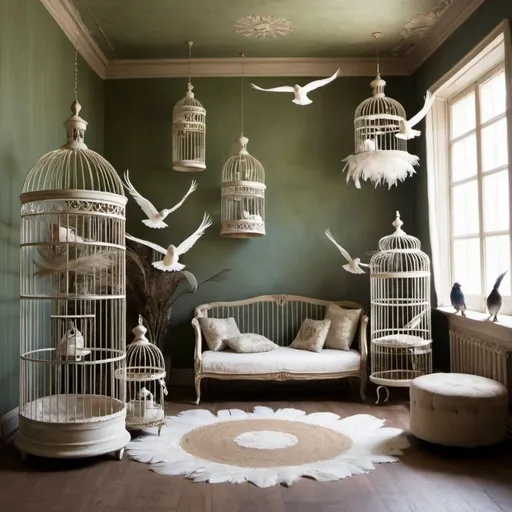 Prompt: a bird inspired room with cages and feathers as decoration